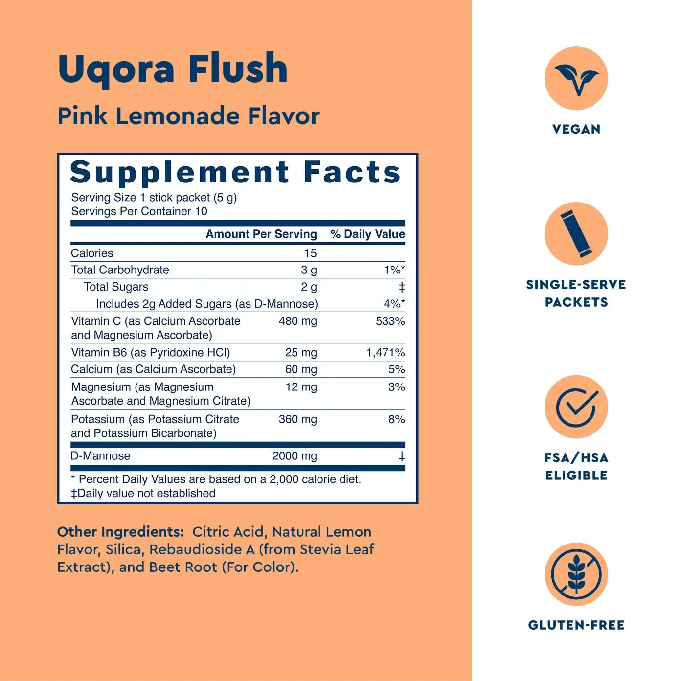 Uqora Flush - Urinary Tract* with D-Mannose, Vitamin C, Vitamin B6, Potassium, Magnesium & Calcium - Gluten-Free & Vegan - Pink Lemonade Flavor - 10 Packets (1 Pack) UqoraBuy Supplements Australia