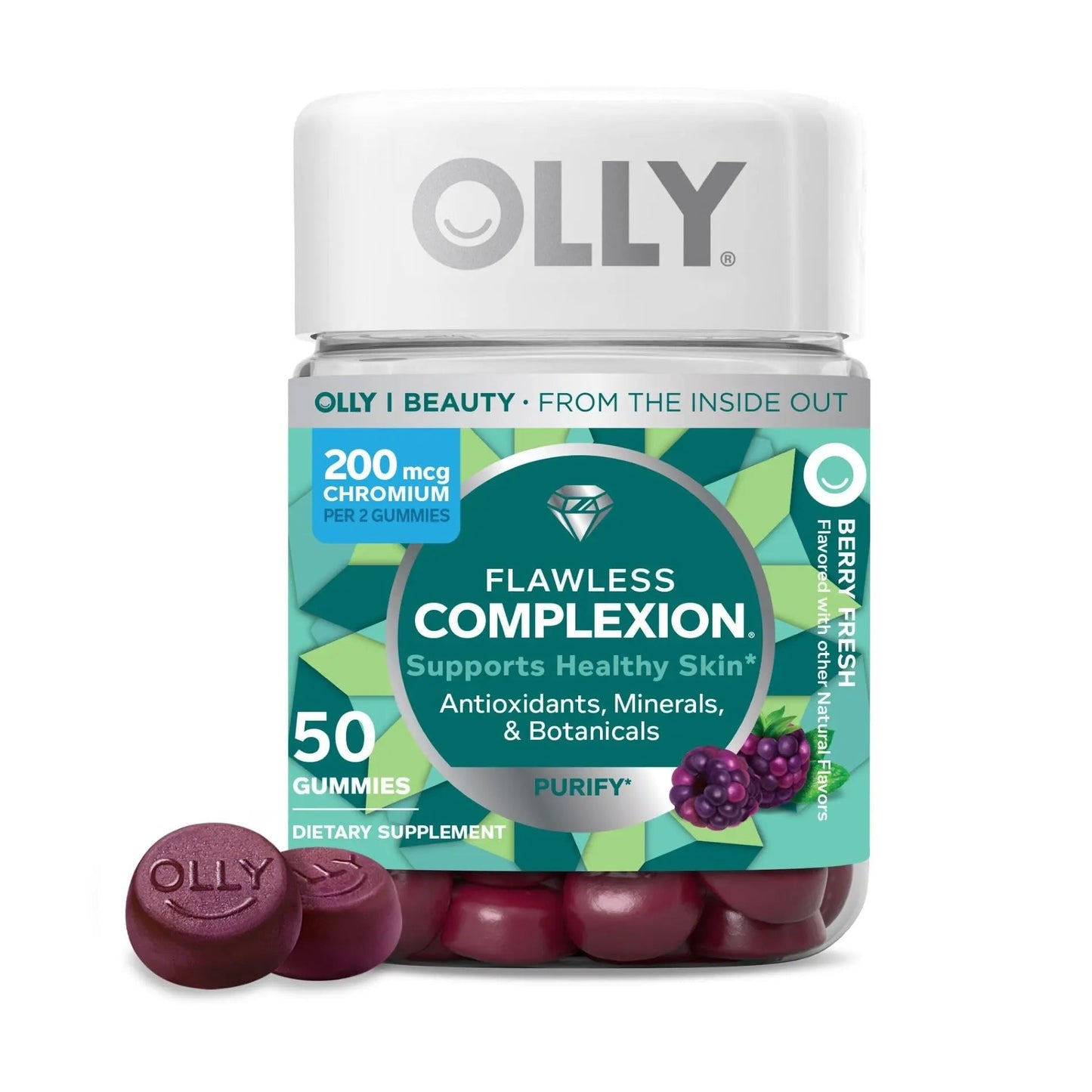 OLLY Flawless Complexion Gummy, Clear and Healthy Skin Support, Vitamins E, A, Zinc, Chewable Supplement, Berry - 50 Count (Pack of 1) OLLY