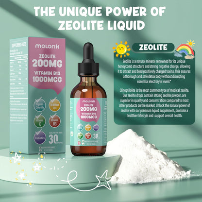 Zeolite Detox for Kids and Adults, 200mg Zeolite Liquid Drops with 1000mcg Vitamin B12, Organic Chlorella, 10 billion CFU & Prebiotics for Gut Support & Speech, Immune, Bone, Energy*, Strawberry, 60ML molorik pure buy supplements Au