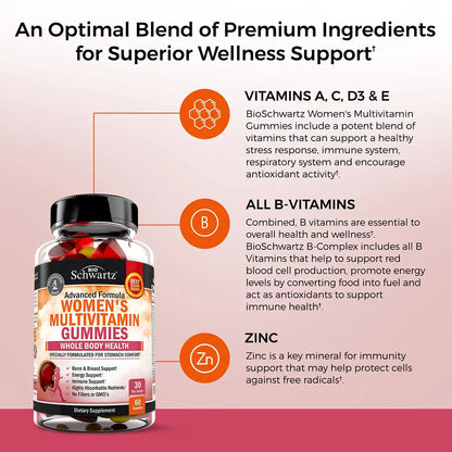Women's Multivitamin Gummies with Vitamin A C B6 B12 D & E Vitamins for Immune Support - Gummy Multivitamin for Women BioSchwartz