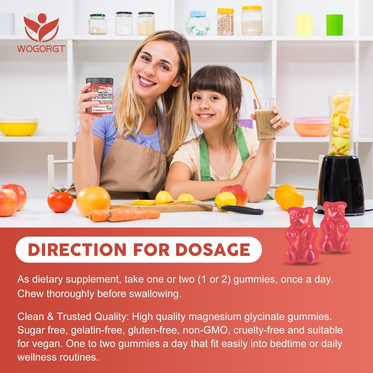 Magnesium Glycinate Gummies for Kids & Adults - Relaxation & Cognition Support - 400/200mg Magnesium Supplement with L-Theanine, Chamomile, B6, D3 & K2 - Vegan, Sugar Free, Strawberry Flavor, 60 Ct WOGORGTBuy Supplements Australia