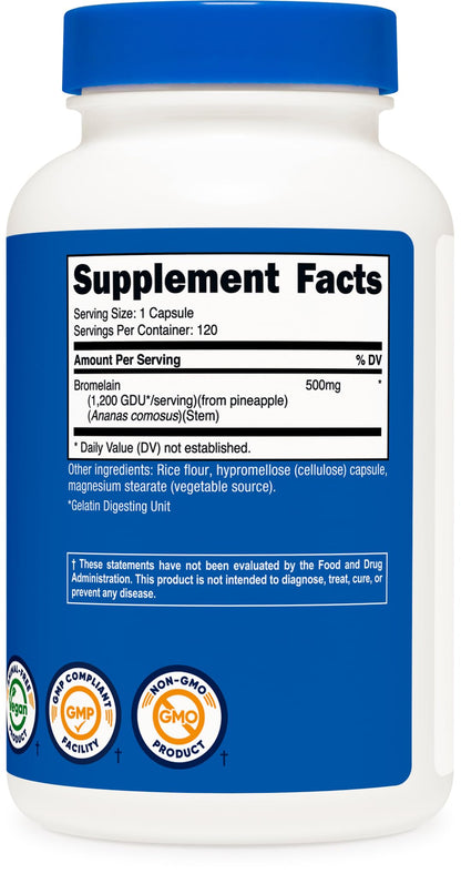 Nutricost Bromelain 500mg, 120 Vegetarian Capsules - Bromelain (1200 GDU), Non-GMO, Gluten Free