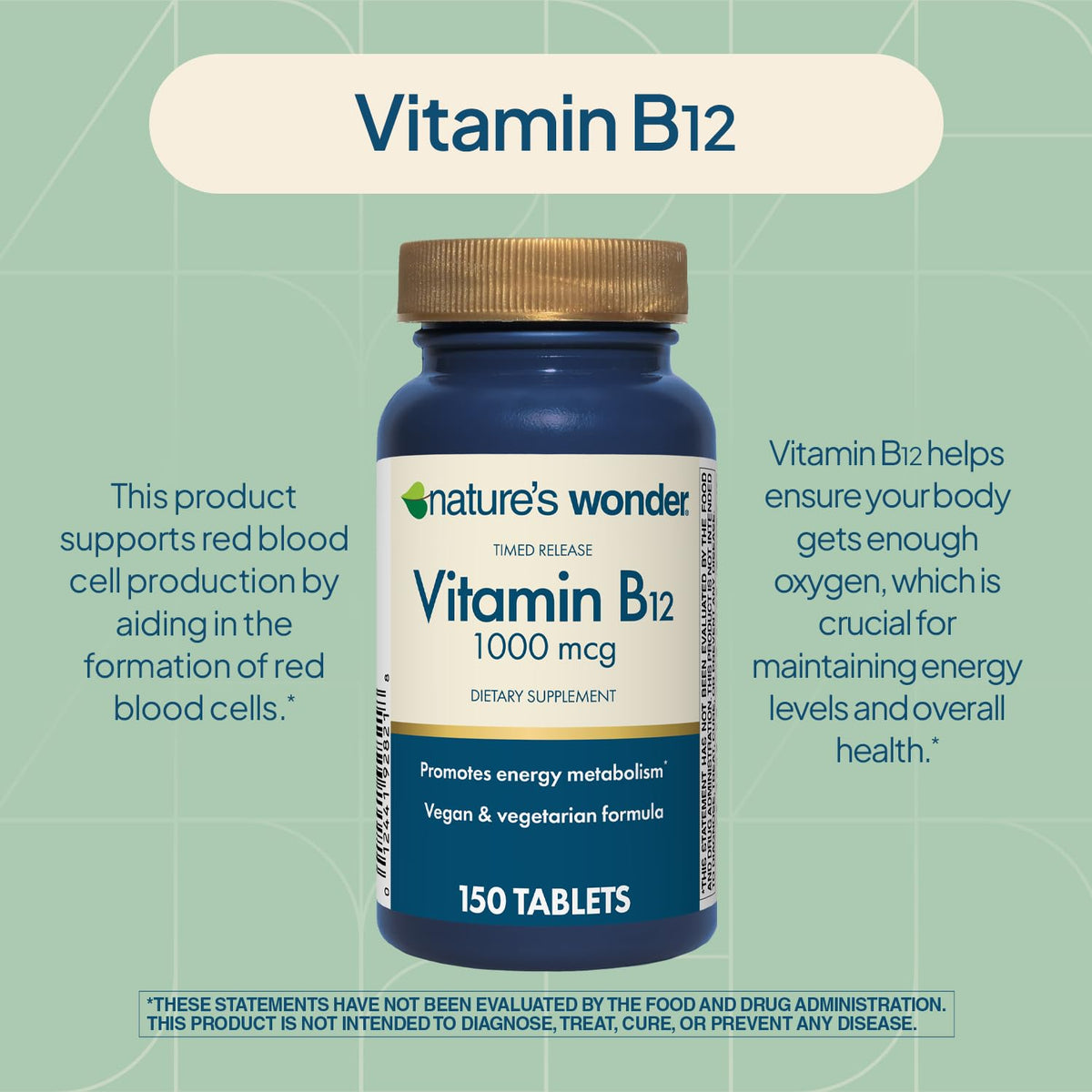 Nature's Wonder Vitamin B12 1000 mcg Timed Release Tablets for Energy Metabolism, Supports Brain Health and Nervous System Health