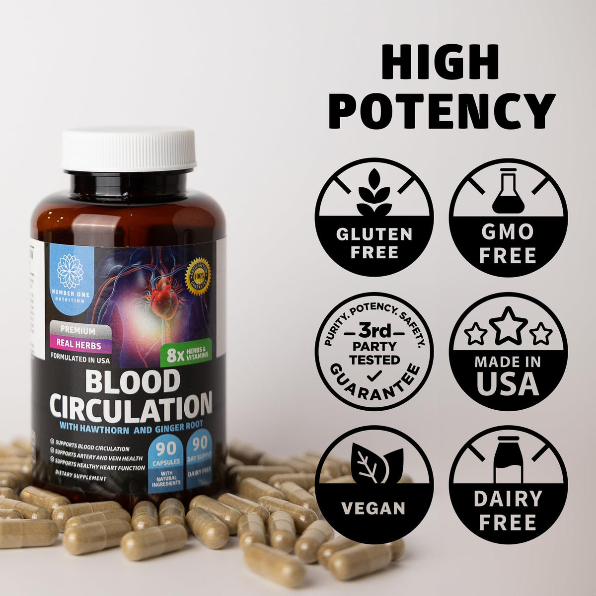 Number One Nutrition Premium Blood Circulation Supplement for Women and Men [8 Powerful Herbs & Vitamins] All Natural Blood Flow Supplement with Hawthorn, Butchers Broom and Cayenne Pepper, 90 Caps Number One NutritionBuy Supplements Australia