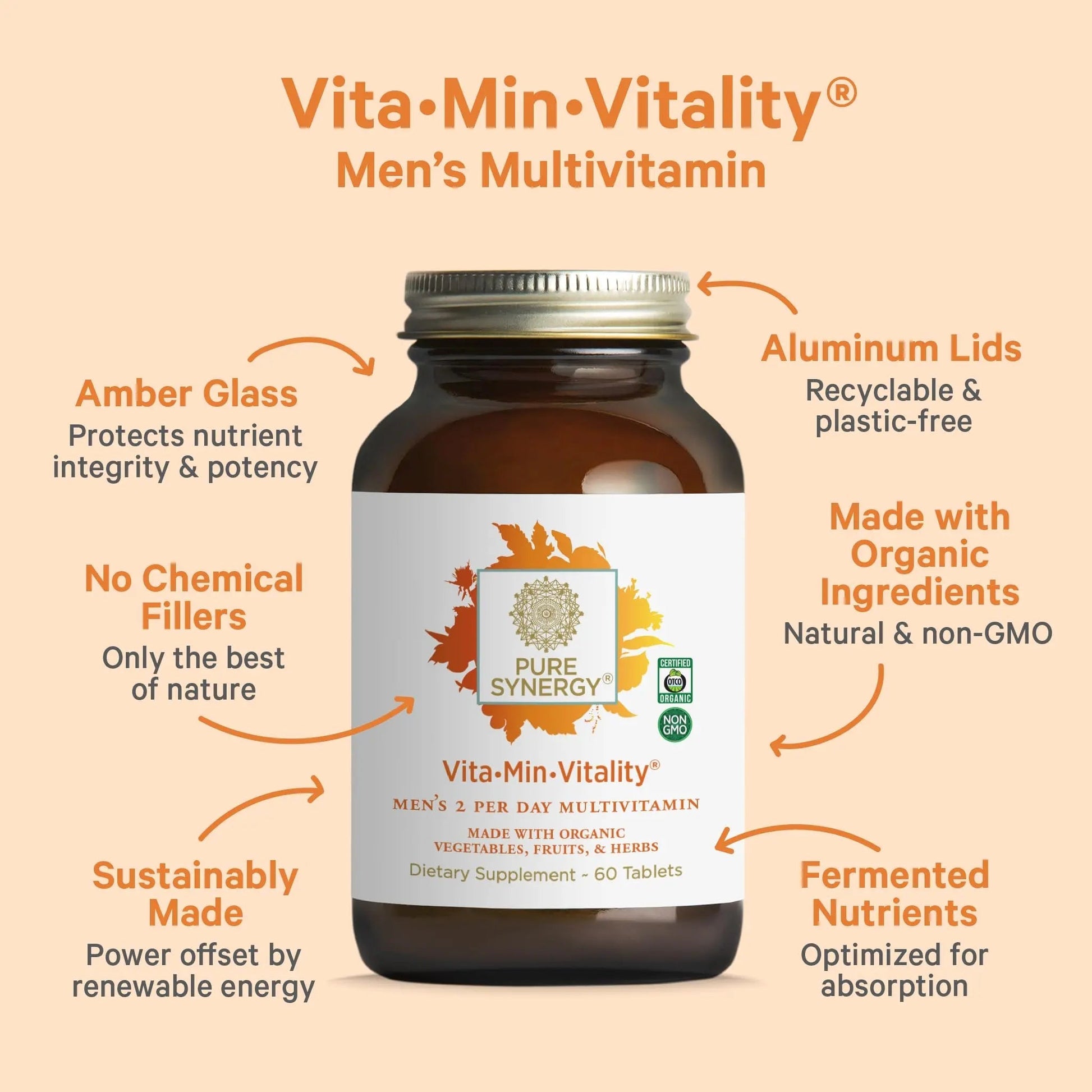 PURE SYNERGY Vita·Min·Vitality | Natural Multivitamin for Men | Men’s Daily Multivitamin Made with Organic Whole Foods | PURE SYNERGY