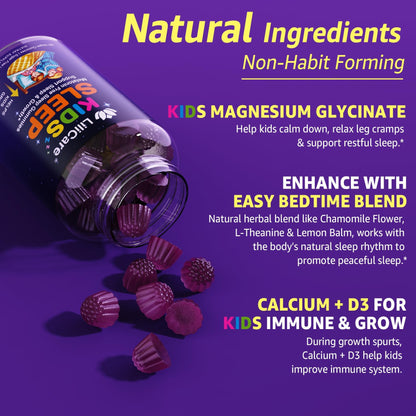 Kids Sleep Gummies - Magnesium Glycinate Gummies, Melatonin Free Sleep Aid | Magnesium, Calcium, D3, B6, L Theanine | Kid Melatonin Alternative for Restful Sleep (Pack of 1) LILICAREBuy Supplements Australia
