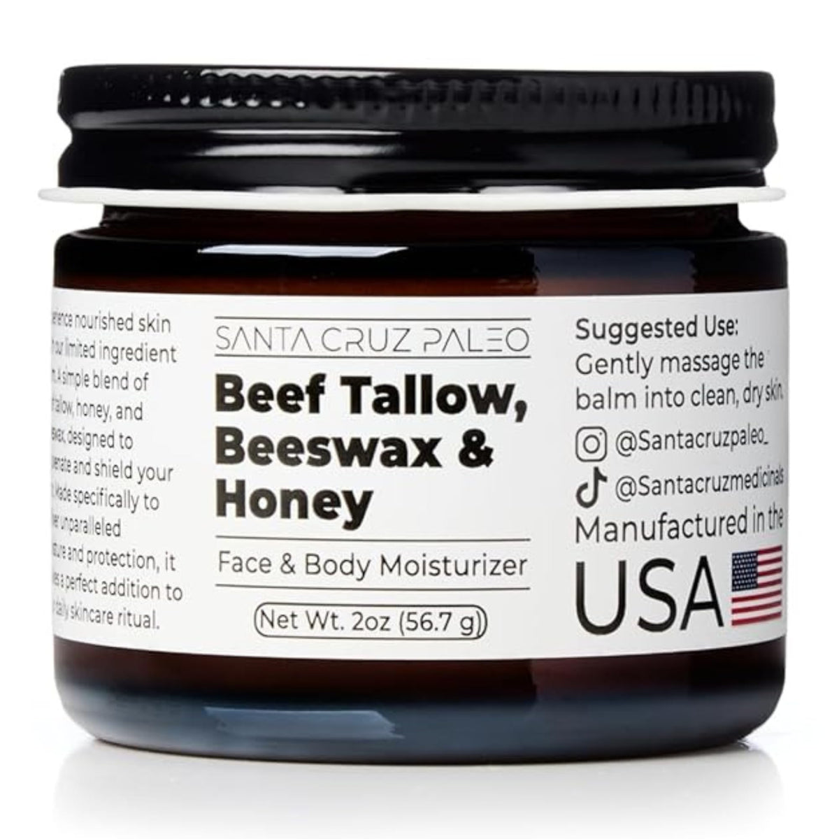 Santa Cruz Paleo, Beef Tallow, Beeswax & Honey Face Moisturizer, Organic, Unscented Grassfed Beef Tallow Skin Care, Sunscreen Free