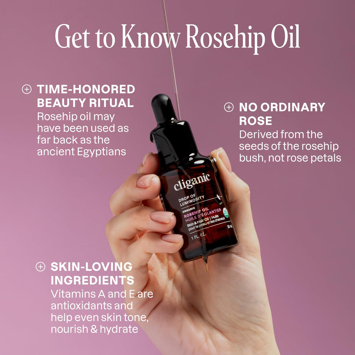Cliganic Organic Rosehip Seed Oil for Face, 100% Pure | Natural Cold Pressed Unrefined Non-GMO | Carrier Oil for Skin, Hair & Nails