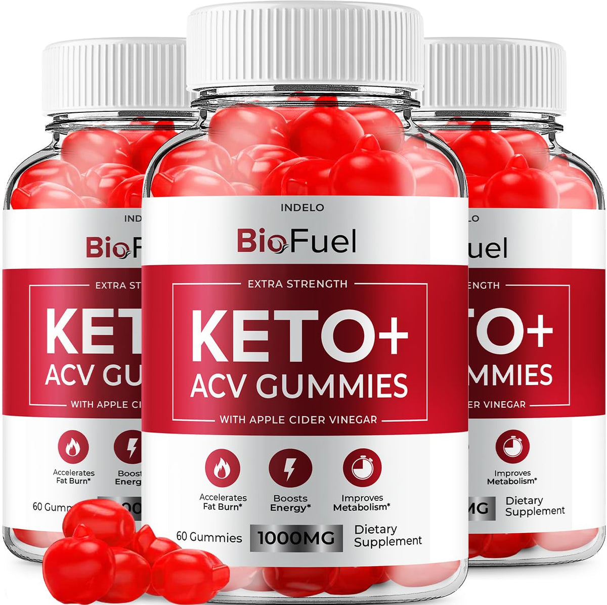 Three bottles of BioFuel Keto+ ACV Gummies on a white background