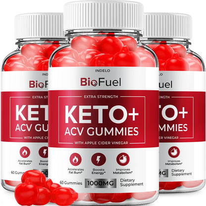 Three bottles of BioFuel Keto+ ACV Gummies on a white background
