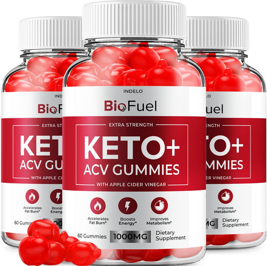 Three bottles of BioFuel Keto+ ACV Gummies on a white background