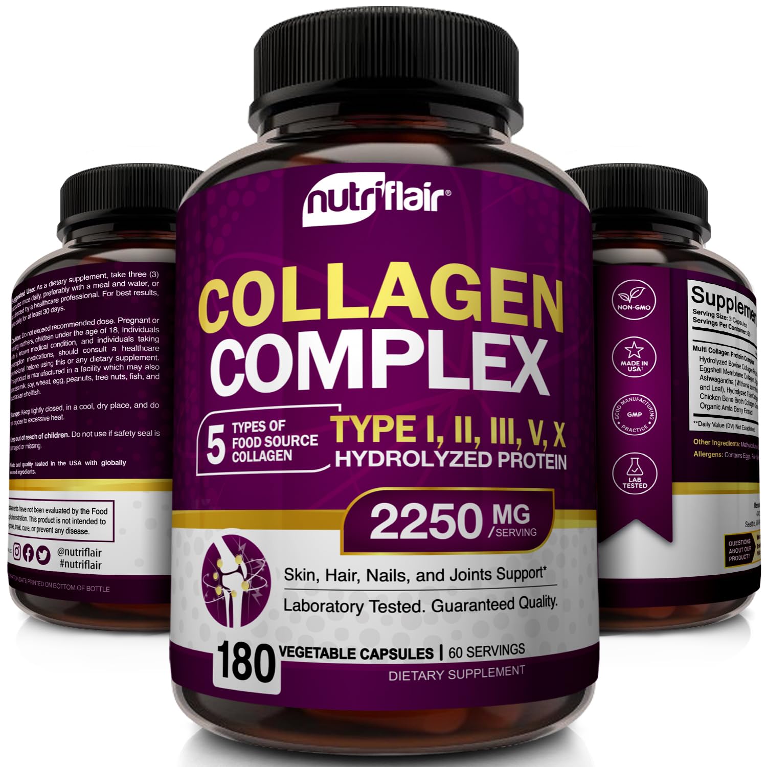 NutriFlair Multi Collagen Peptides 2250mg - Type I, II, III, V, X - Collagen Supplements Complex Powder Pills for Women and Men - Hydrolyzed Protein, Healthy Hair, Skin, Nails - Non-GMO (180 Capsules) NutriFlair buy supplements Au