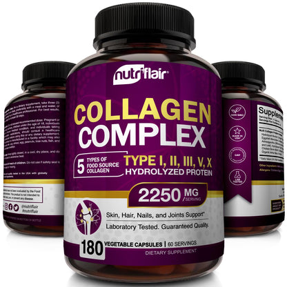 NutriFlair Multi Collagen Peptides 2250mg - Type I, II, III, V, X - Collagen Supplements Complex Powder Pills for Women and Men - Hydrolyzed Protein, Healthy Hair, Skin, Nails - Non-GMO (180 Capsules) NutriFlair buy supplements Au
