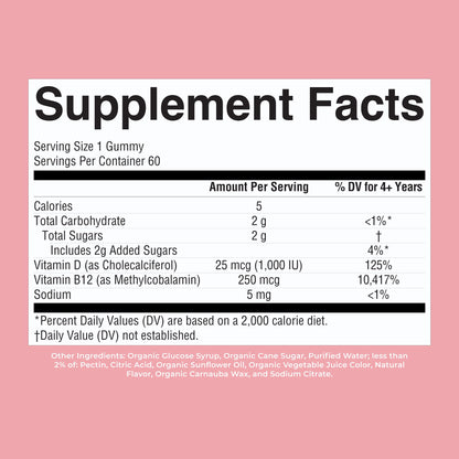 MARYRUTH'S Organic Vitamin D3 + B12 Gummies for Ages 4+ | Bone Health | Immune Support | Energy Metabolism | Cognitive Function | Vegan | Non-GMO