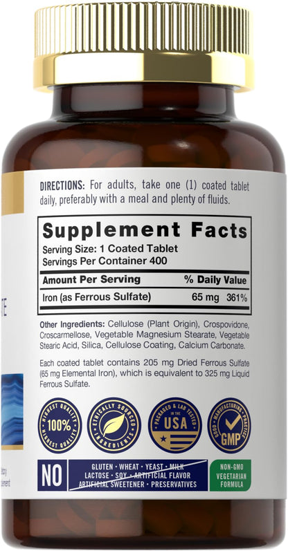 Carlyle Iron Ferrous Sulfate 325mg, 65 mg | 400 Tablets | Non-GMO, Gluten Free, and Vegetarian Supplement | High Potency