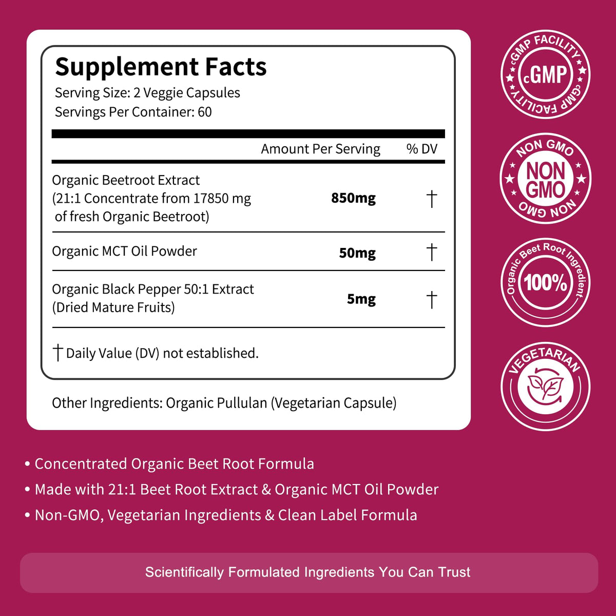 Vitarevive Organic Beet Root Capsules with Beetroot Extract 17850mg 21:1 Concentrated Beetroot Supplement Supports Circulation and Nitric Oxide