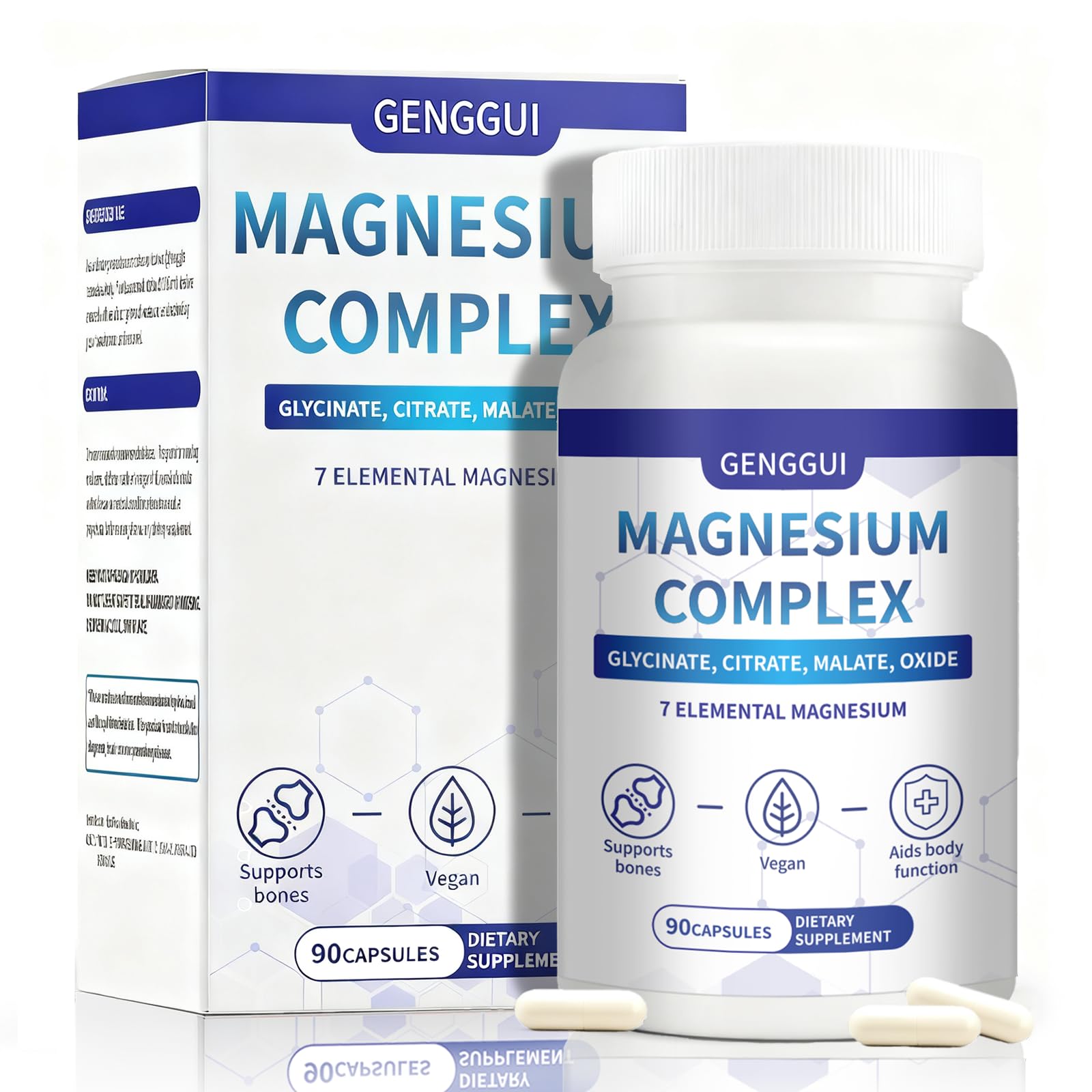 Genggui Magnesium Complex supplement bottle and packaging on a white background