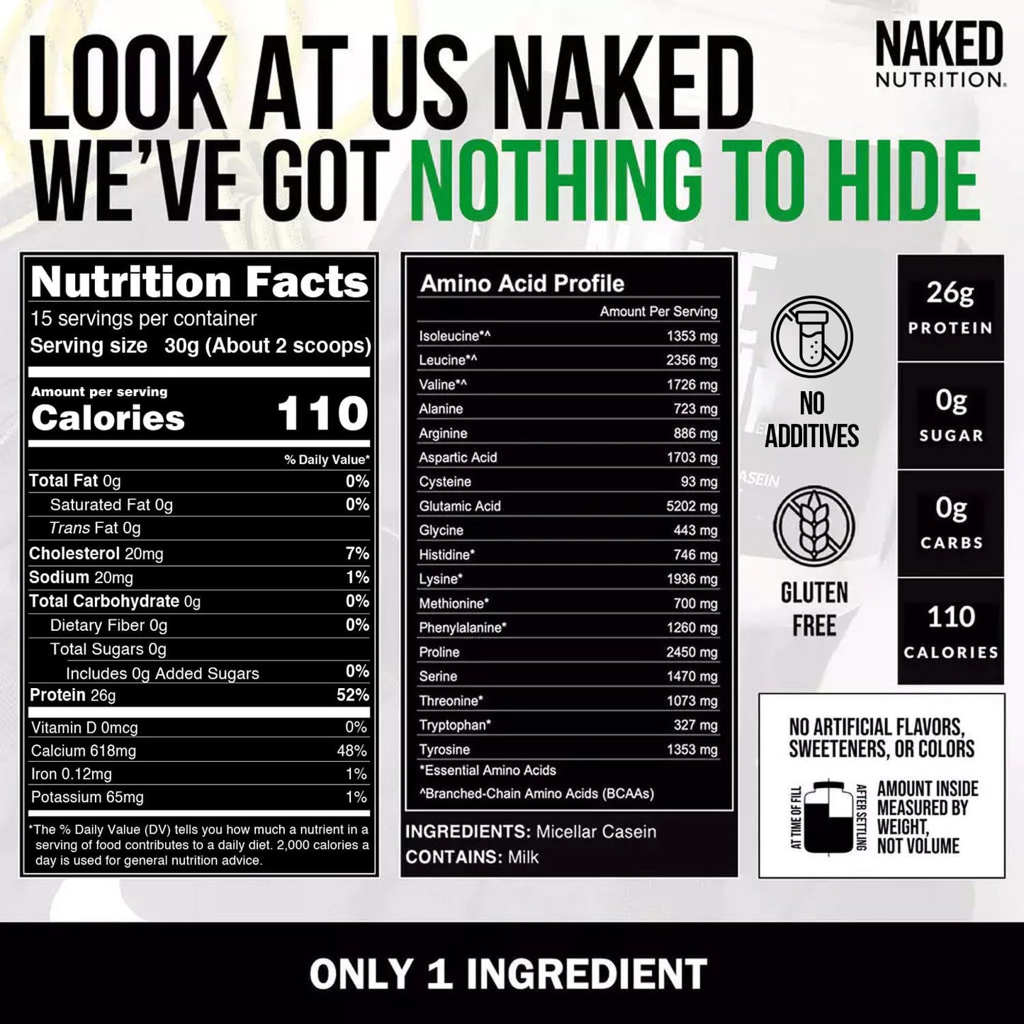NAKED Casein - 1Lb Micellar Casein Protein - Bulk, Zero Carb, NSF Certified, GMO-Free, Gluten Free, Soy Free, Preservative Free - Stimulate Muscle Growth
