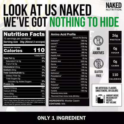 NAKED Casein - 1Lb Micellar Casein Protein - Bulk, Zero Carb, NSF Certified, GMO-Free, Gluten Free, Soy Free, Preservative Free - Stimulate Muscle Growth