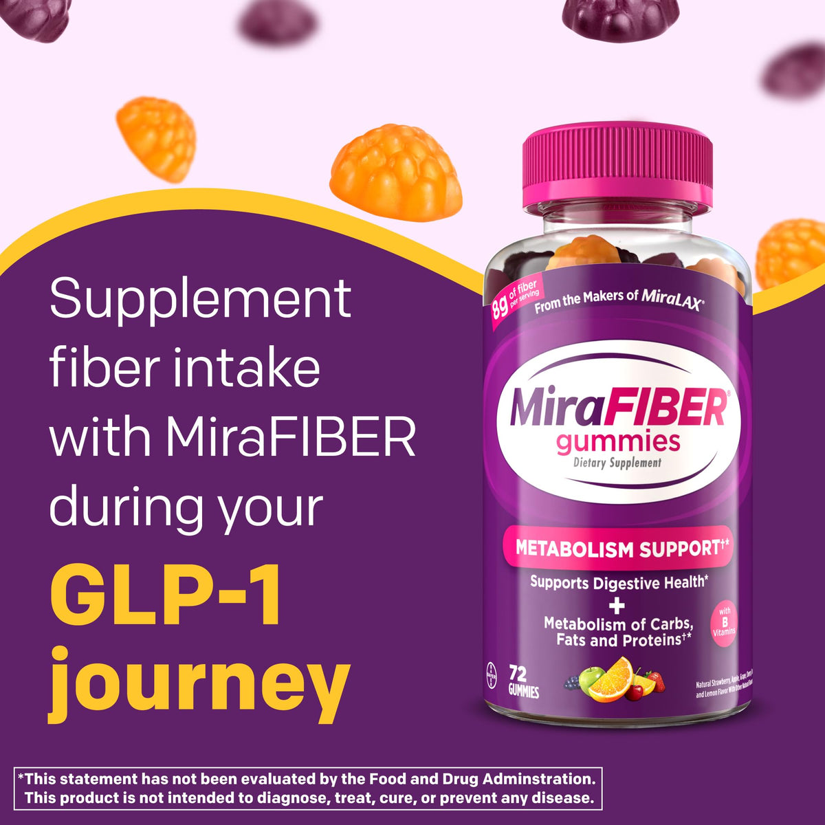 MiraFIBER Gummies from The Makers of MiraLAX, 8g of Daily Fiber Per Serving, Metabolism Support with B Vitamins, Gut Health for Men & Women