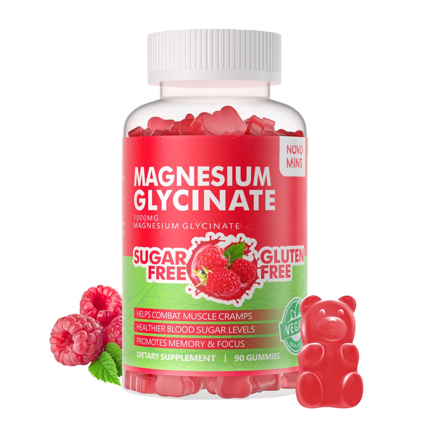 90 CT Magnesium Glycinate Gummies 1000mg - Sugar Free Magnesium Potassium Supplement with Vitamin D, B6, CoQ10 for Calm Mood & Sleep Support - 90 Raspberry Gummies novominsBuy Supplements Australia