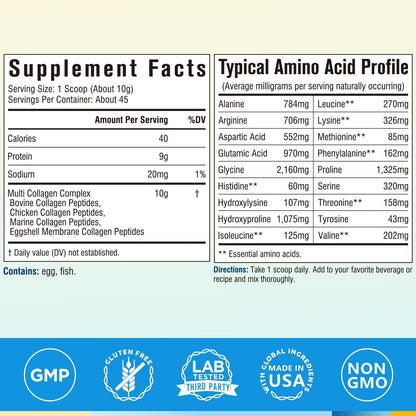 Terranics Multi Collagen Peptides Powder, Type I II III V X Hydrolyzed Collagen for Women+Men, Collagen Supplements, Fast Dissolve
