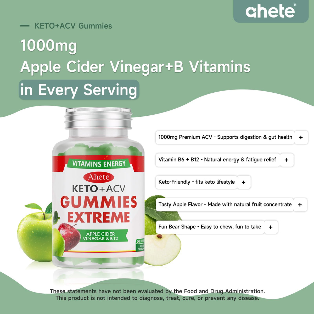 Ahete Keto Apple Cider Vinegar Gummies with Vitamin B6, B12, Folate & Beet Root, Keto ACV Gummies Supports Daily Wellness & Metabolism, Natural Apple Flavor, 60 Gummies (30 Day Supply) AheteBuy Supplements Australia