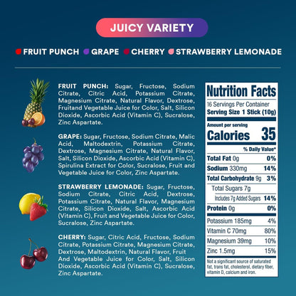 DripDrop Hydration Packets - Juicy Variety Pack - Single Serve Electrolytes Powder Drink Mix - Grape, Fruit Punch, Strawberry Lemonade, Cherry