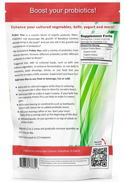 Cutting Edge Cultures Prebio Plus Prebiotic Fiber Powder Best Custom Blend of Organic Prebiotic Fibers Dietary Supplement 8 oz
