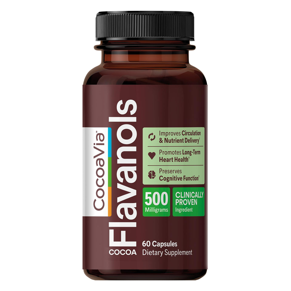 CocoaVia Cocoa Flavanols 500mg – Heart & Brain Support Supplement, High Flavanol Cocoa, Blood Circulation & Memory Booster, Nitric Oxide, Energy & Oxygen Boost, Vegan, Gluten-Free, 60 Capsules