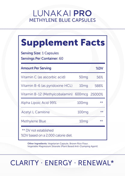 Lunakai PRO USA Made Methylene Blue Capsules Pharmaceutical Grade with Vitamin C, B6, B12 – 3rd-Party Tested Daily Brain & Focus Support Supplement for Humans, 60ct Lunakai buy supplements Au