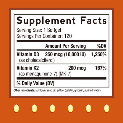 Doctor's Recipes Vitamin D3 K2, 10,000 IU, 200 mcg, MK-7, Strong Bone Density, Teeth, Immune, Heart Support, Energy, Calcium Absorption,