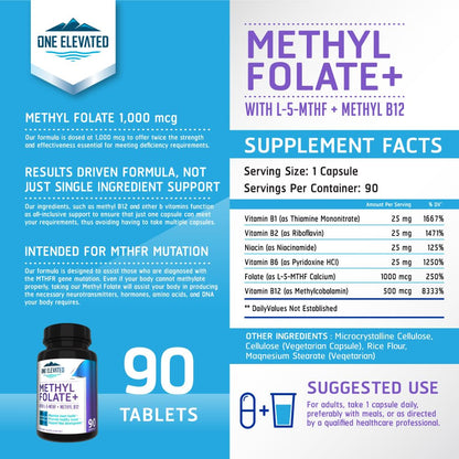 Double Strength & Most Bioactive Methyl Folate! Uniquely Formulated with Highest Pharmaceutical Grade Methylcobalamin (B12), Niacin, B1, B2 B6. Works Synergistically for Max Results-3 Month Supply One ElevatedBuy Supplements Australia