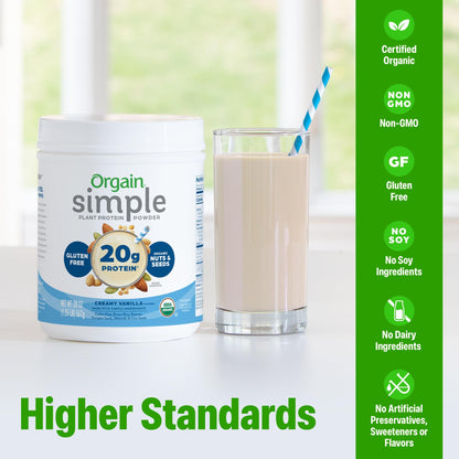 Orgain Organic Simple Vegan Protein Powder, Vanilla - 20g Plant Based Protein, Made with less Ingredients, No Artificial Sweeteners, Gluten Free, No Dairy or Lactose, 1.25 lb (Packaging May Vary)