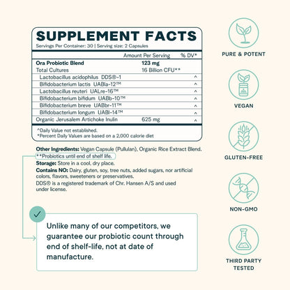 Ora Organic Probiotics with Prebiotics for Digestive Health 16 Billion CFU - Trust Your Gut - Strains - Acidophilus Lactobacillus Breve Bifidum Lactis