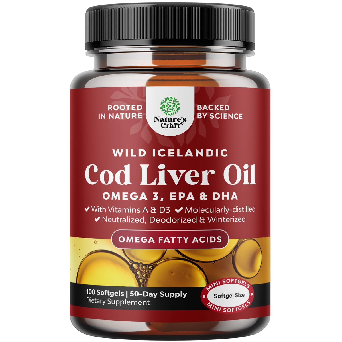 Icelandic Wild Caught Cod Liver Oil Softgels - Fish Omega 3, EPA, DHA, Vitamin D & A, 1000mg Per Serving - Burpless Capsules for Heart
