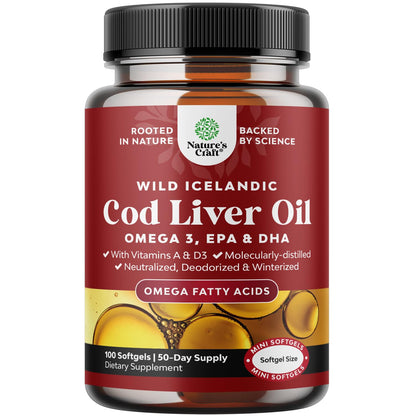 Icelandic Wild Caught Cod Liver Oil Softgels - Fish Omega 3, EPA, DHA, Vitamin D & A, 1000mg Per Serving - Burpless Capsules for Heart