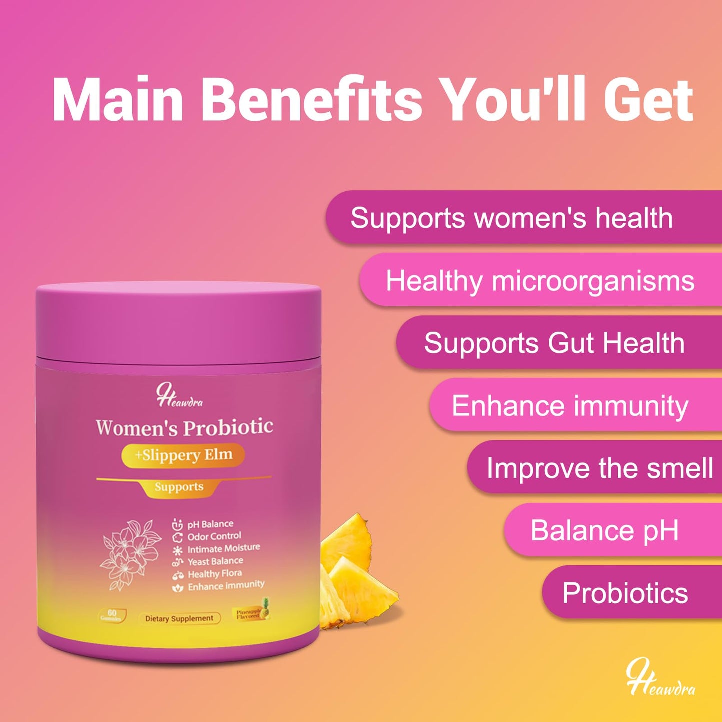 Her Juicy Women's Probiotic Gummies: Supports Women’s Wellness & pH Balance, Clean Vegan, Pineapple Flavor, Prebiotics & Lactobacillus Blend, with Slippery Elm, Gut Health & Immune Defense, 60 Gummies Heawdra buy supplements Au