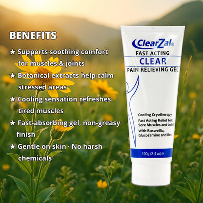 ClearZal Fast Acting Clear Pain Relieving Gel with Cooling Cryotherapy, Boswellia and Glucosamine for Sore Muscles and Joints, Soothing Cooling Gel 3.4 oz ClearzalBuy Supplements Australia