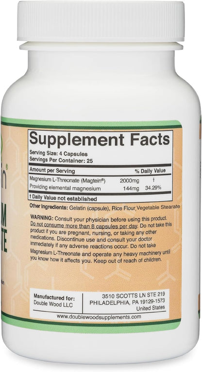 Magnesium L Threonate, Magtein - NSF Certified - Sleep and Cognitive Support – High Absorption – Most Bioavailable Form of Magnesium – 2,000 mg – 120 Capsules Double Wood Supplements buy supplements Au