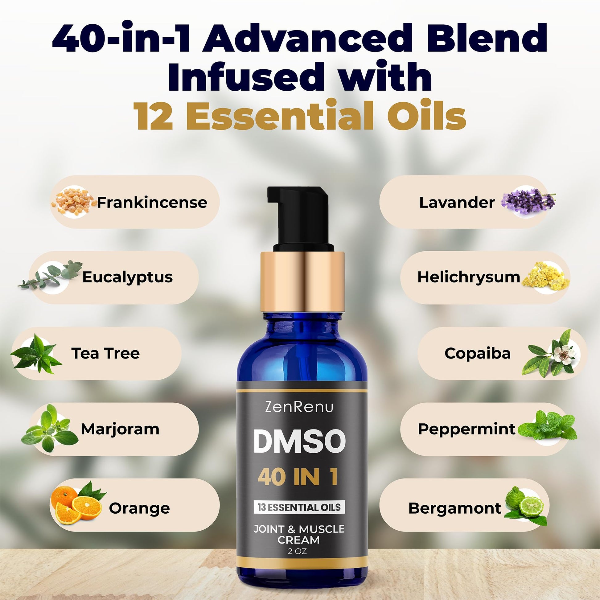 Zenrenu DMSO Cream 99.995% Pure Pharmaceutical Grade - 40-in-1 Advanced Formula -12 Essential Oils, Arnica, Aloe Vera, MSM - Fast-Absorbing Cream – 2 oz Glass Pump Bottle – Made in USA ZenrenuBuy Supplements Australia
