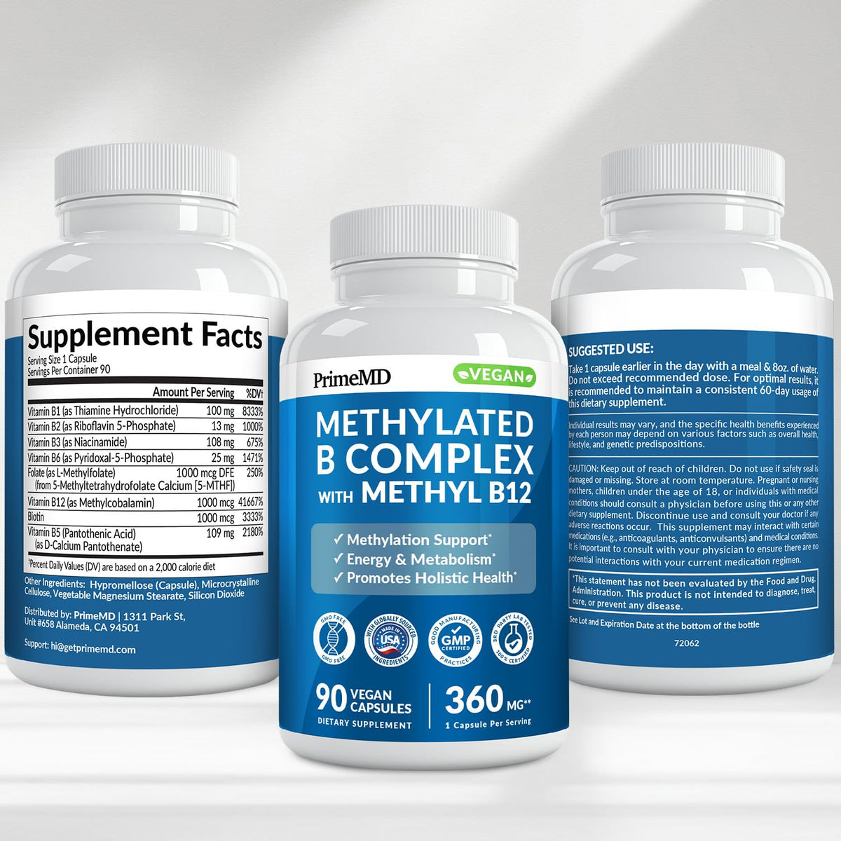 Methylated B Complex with Methylfolate and B12 Methylcobalamin 1000 mcg - Methylated Multivitamin for Energy, Brain Function, and Wellness - Vitamin B Complex for Men & Women (90 Servings) (Pack of 1) PrimeMDBuy Supplements Australia