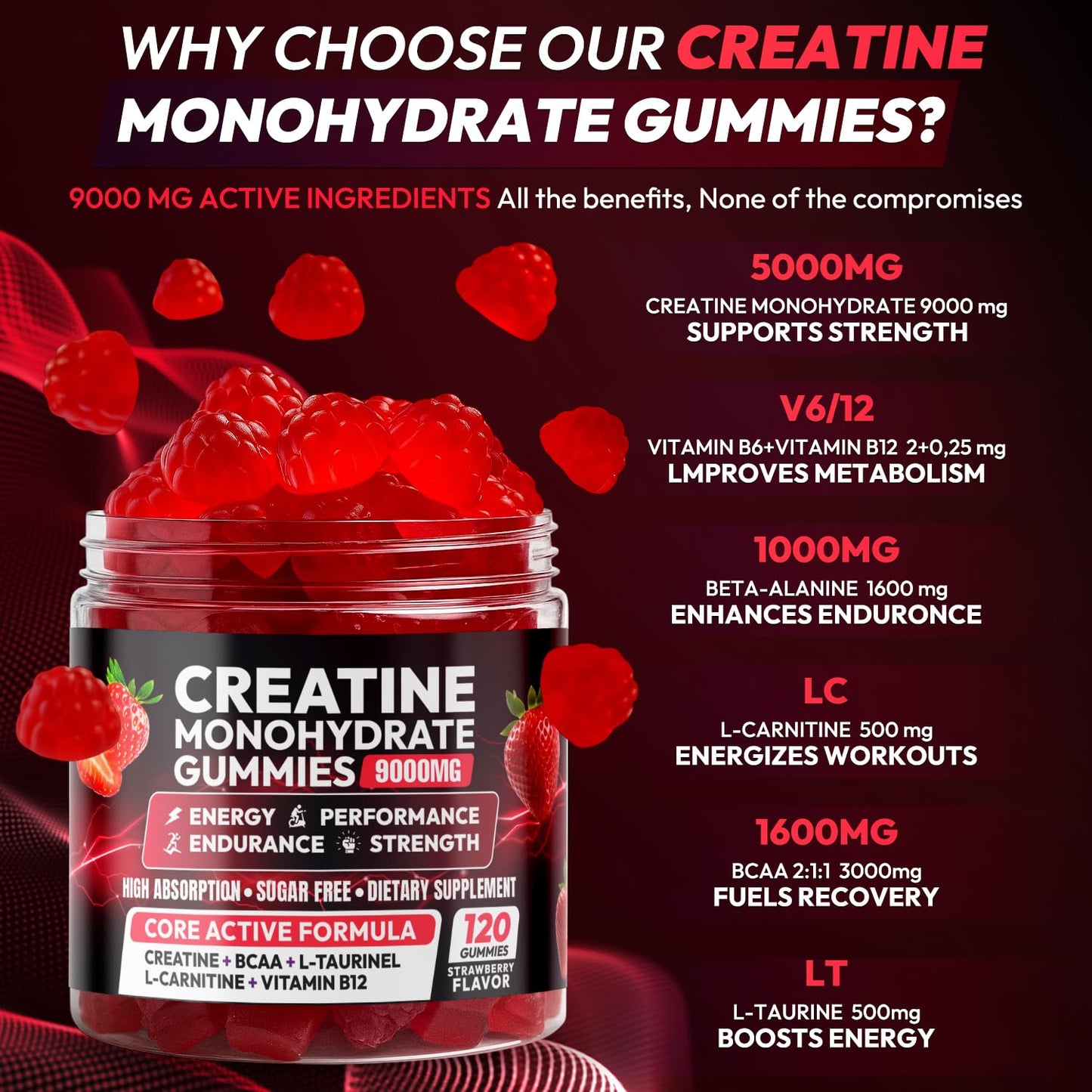 Creatine Gummies Monohydrate Complex 9000MG, Chewable Creatine Monohydrate Gummies for Men & Women with L-Taurine, BCAA 2:1, B12/6, Building Muscle
