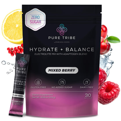 PURE TRIBE Instant Hydration Electrolytes Powder Packets with Magnesium & Salt – Zero Sugar Hydration Packets with 6 B Vitamins & Adaptogens