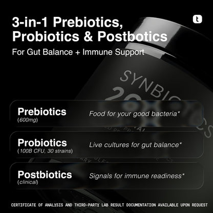 Toniiq Prebiotics and Probiotics – 200B CFU Synbiotic with Postbiotics IMMUSE® & ButyraGen® – 30 Strains for Gut & Digestive Health – Shelf-Stable