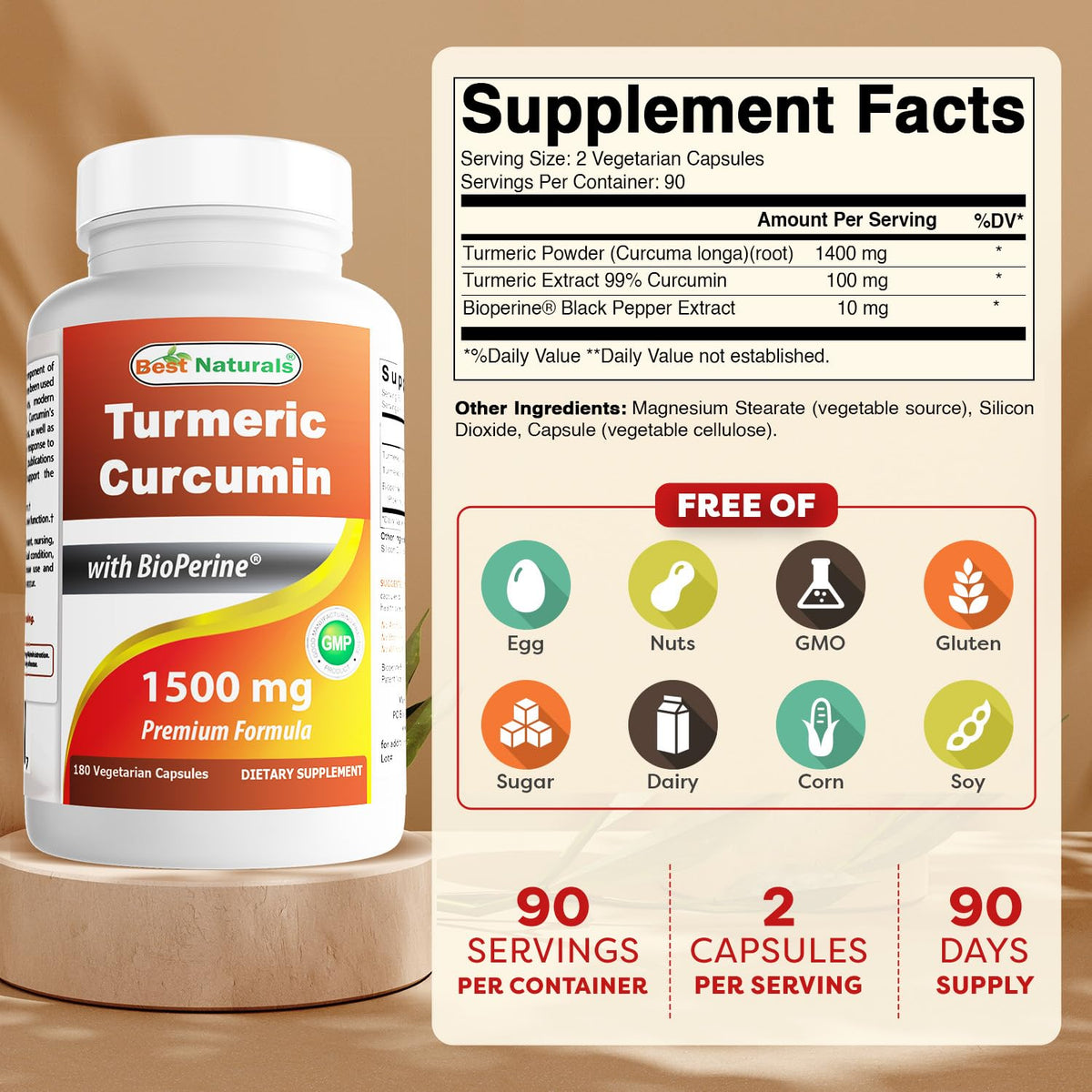 Best Naturals Turmeric Curcumin 1500mg/Serving with Bioperine - 180 Veggie Capsules