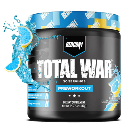 REDCON1 Total War Pre Workout - Beta Alanine + Citrulline Malate Keto Friendly Preworkout for Men & Women with 320mg of Caffeine - Fast Acting -Blue Lemonade (30 Servings)