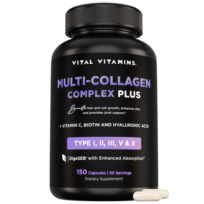 Vital Vitamins Multi Collagen Complex Plus - with Biotin, Hyaluronic Acid, Vitamin C - Type I, II, III, V, X - for Women & Men - Hair, Skin, Nails Beauty Complex - 150 Capsules Vital Vitamins buy supplements Au