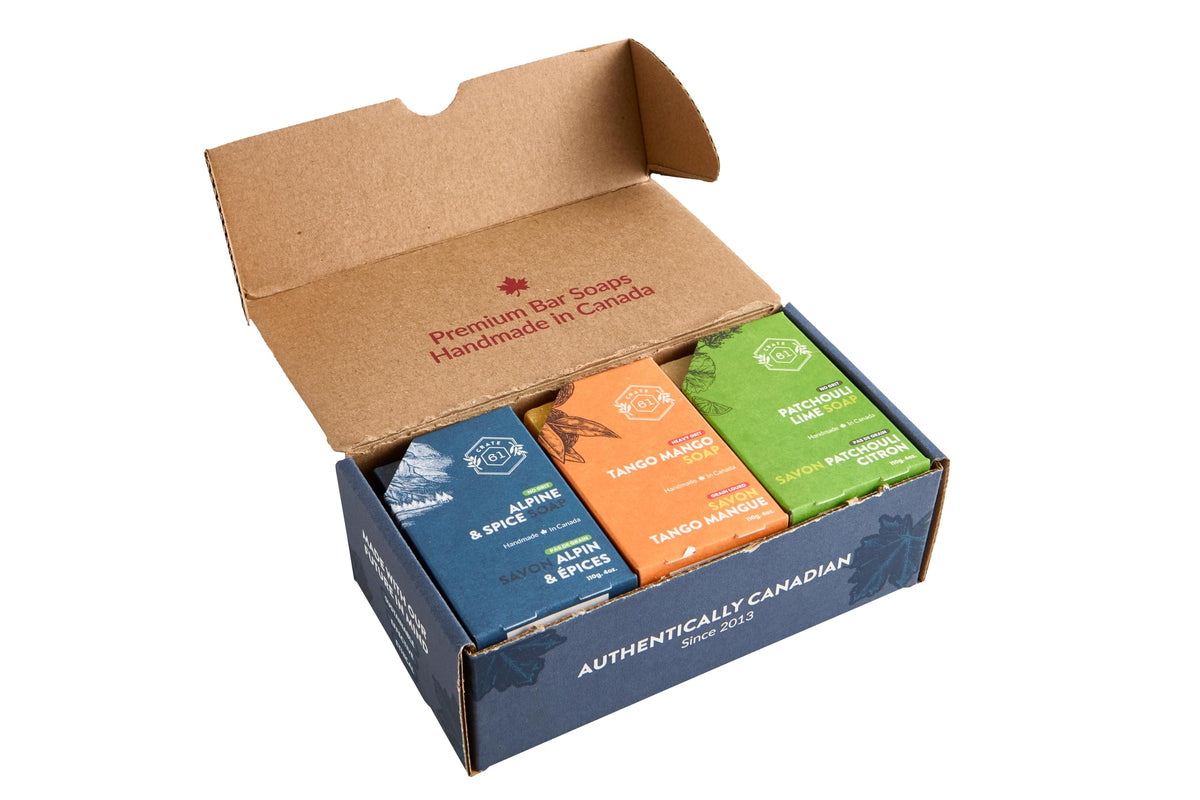 Crate 61 Organics, Handmade in Canada, Plant Based Cold Process Natural Bar Soap, With Premium Essential Oils, Dry Skin, Pack of 6 (For Him)