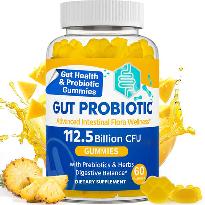 Gut Health & Probiotic Gummies, 112.5 Billion CFU, Sugar Free - 8 Strains + Prebiotics + Herbs - for Digestive, Immune, Diarrhea & Bloating - Gut Health for Women & Men